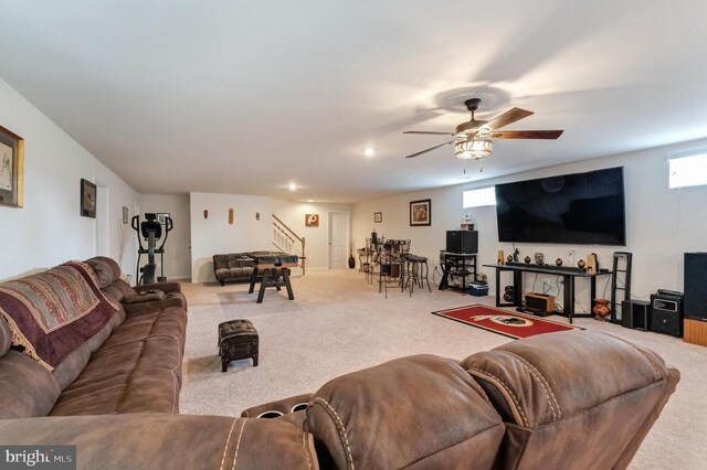 11726 Robin Woods Cir, Spotsylvania, VA 22551 - carpeted living area featuring stairs and a ceiling fan