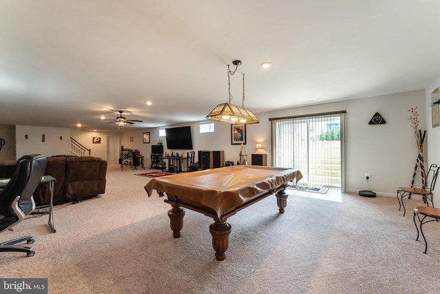 11726 Robin Woods Cir, Spotsylvania, VA 22551 - recreation room with carpet flooring, healthy amount of natural light, billiards table, ceiling fan, and recessed lighting