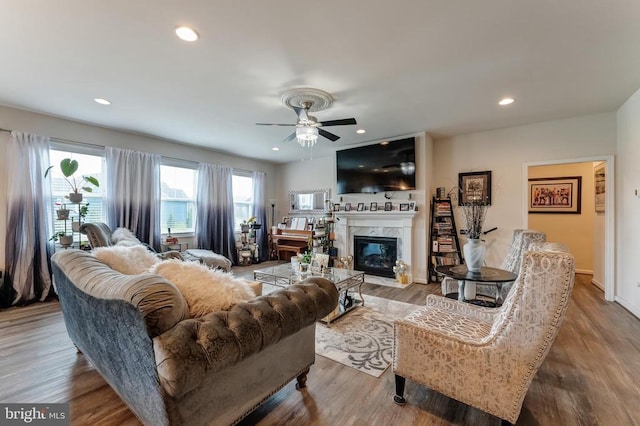 11726 Robin Woods Cir, Spotsylvania, VA 22551 - living room with ceiling fan, a fireplace, wood finished floors, and recessed lighting
