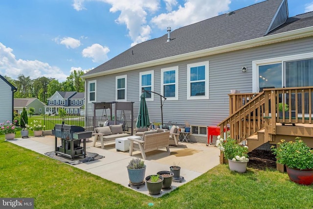 11726 Robin Woods Cir, Spotsylvania, VA 22551 - rear view of house featuring an outdoor living space, a patio area, a residential view, and a shingled roof