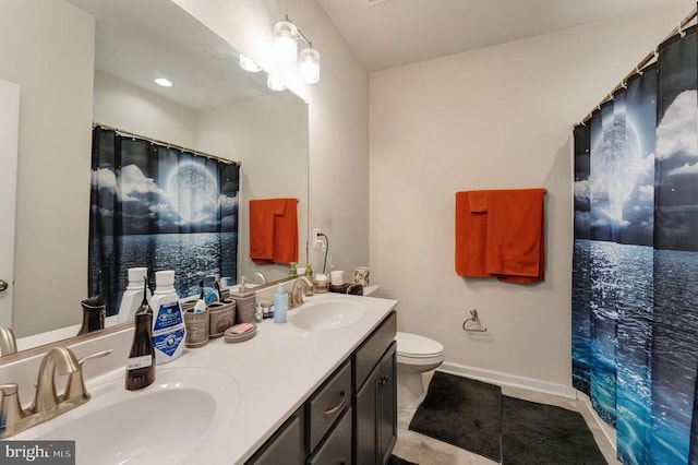 11726 Robin Woods Cir, Spotsylvania, VA 22551 - full bath with toilet, double vanity, baseboards, tile patterned flooring, and curtained shower