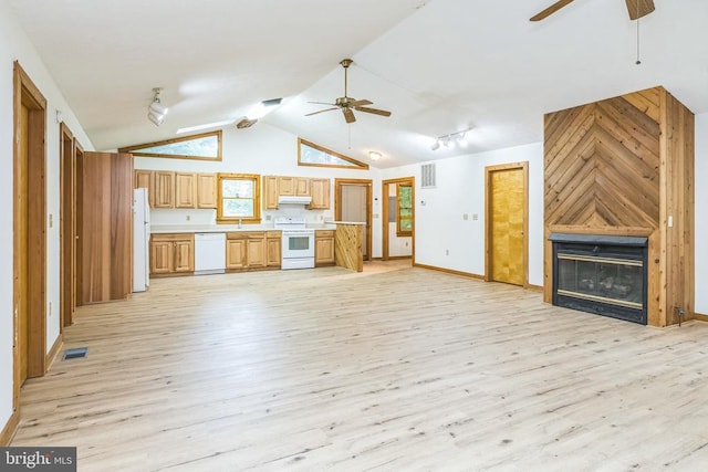 340 Wilson St, Bumpass, VA 23024 - unfurnished living room featuring ceiling fan, light wood-style floors, a large fireplace, baseboards, and high vaulted ceiling