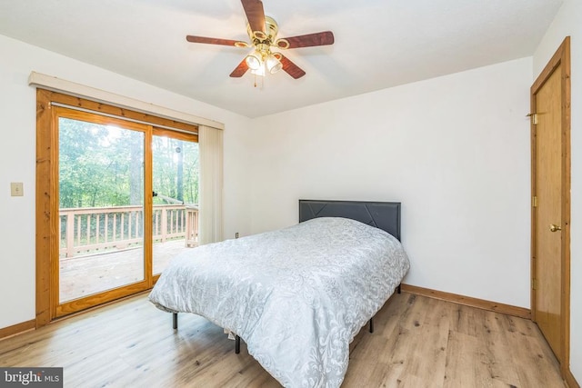 340 Wilson St, Bumpass, VA 23024 - bedroom with light wood-type flooring, access to outside, baseboards, and a ceiling fan