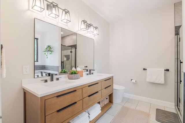 10 Samuel Bears Rd, Weyers Cave, VA 24486 - bathroom with a shower stall, double vanity, baseboards, tile patterned floors, and toilet