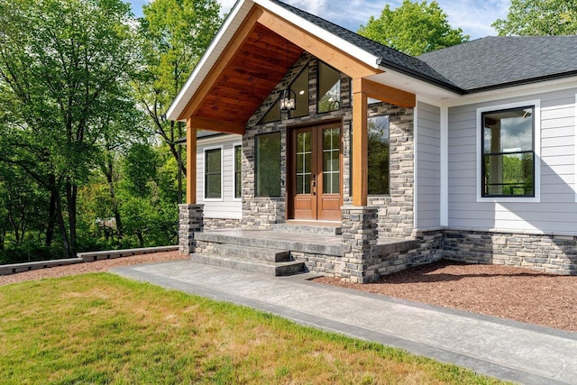 10 Samuel Bears Rd, Weyers Cave, VA 24486 - entrance to property with french doors, stone siding, and a shingled roof
