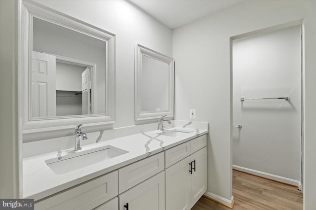 bathroom with a sink, double vanity, baseboards, and wood finished floors