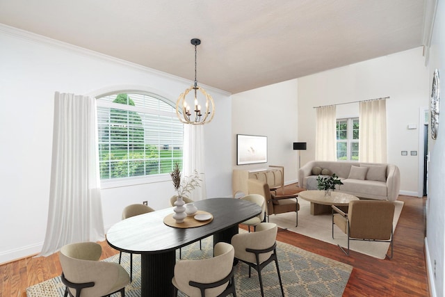 47 Villa View Dr, Staunton, VA 24401 - dining room featuring a chandelier, dark wood-style floors, baseboards, and crown molding