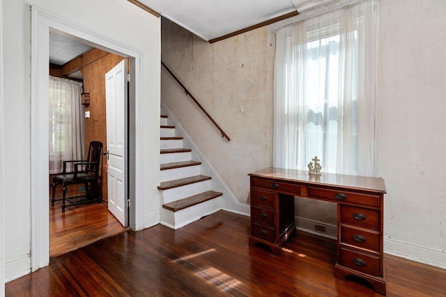 105 Austin Ave, Staunton, VA 24401 - stairway featuring wood finished floors, baseboards, and crown molding