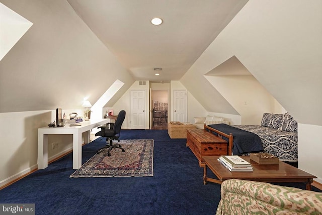  - carpeted office featuring vaulted ceiling and recessed lighting