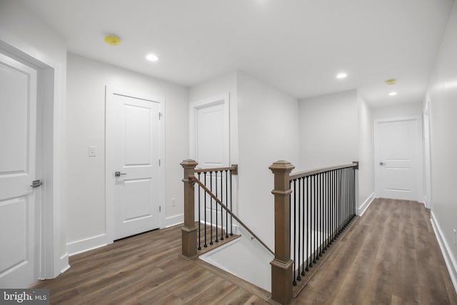 10302 Laurel Ridge Way, Fredericksburg, VA 22408 - hallway with an upstairs landing, dark wood-style floors, recessed lighting, and baseboards