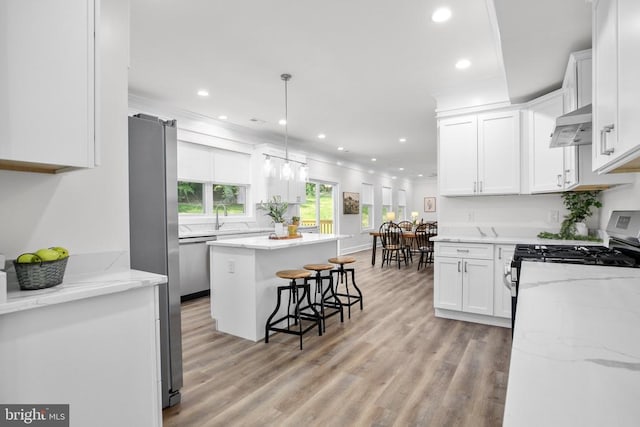 10302 Laurel Ridge Way, Fredericksburg, VA 22408 - kitchen with stainless steel appliances, range hood, white cabinetry, recessed lighting, and light wood-style flooring