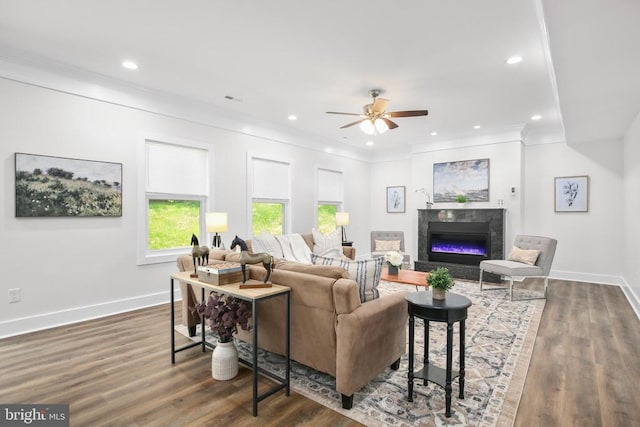 10302 Laurel Ridge Way, Fredericksburg, VA 22408 - living area featuring ornamental molding, ceiling fan, a fireplace, baseboards, and dark wood-type flooring