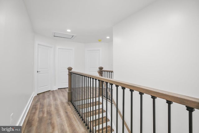 10302 Laurel Ridge Way, Fredericksburg, VA 22408 - hall with attic access, wood finished floors, baseboards, recessed lighting, and an upstairs landing