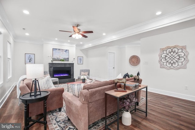 10302 Laurel Ridge Way, Fredericksburg, VA 22408 - living area with dark wood-style floors, baseboards, a glass covered fireplace, ornamental molding, and recessed lighting