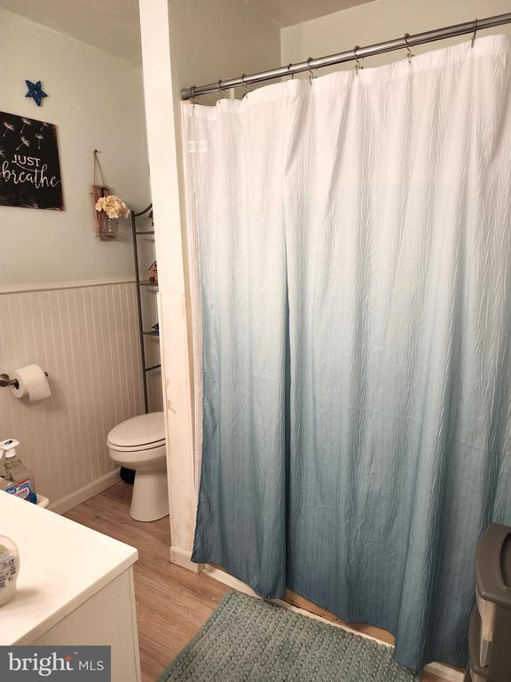 2488 Dry Run Rd, Luray, VA 22835 - bathroom with toilet, a wainscoted wall, wood finished floors, vanity, and a shower with shower curtain