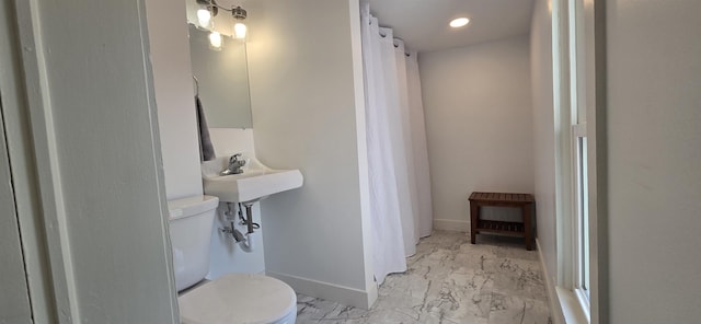242 1st St, Broadway, VA 22815 - bathroom with marble finish floors, a shower with shower curtain, and recessed lighting