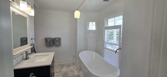 242 1st St, Broadway, VA 22815 - full bath featuring marble look tiles, a freestanding bath, and vanity