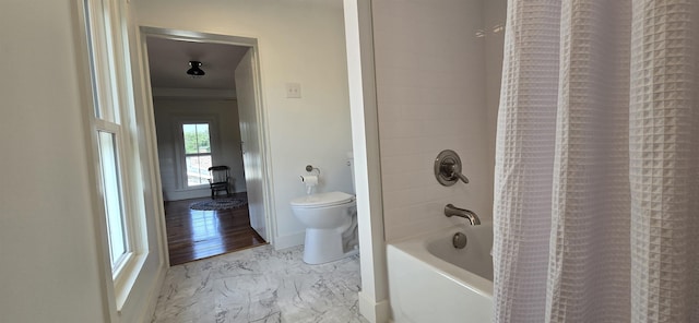 242 1st St, Broadway, VA 22815 - full bath with shower / tub combo with curtain and marble look tiles