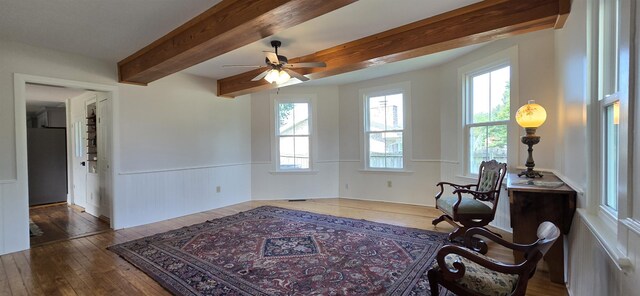 242 1st St, Broadway, VA 22815 - living area featuring beam ceiling, a wainscoted wall, hardwood / wood-style floors, and ceiling fan