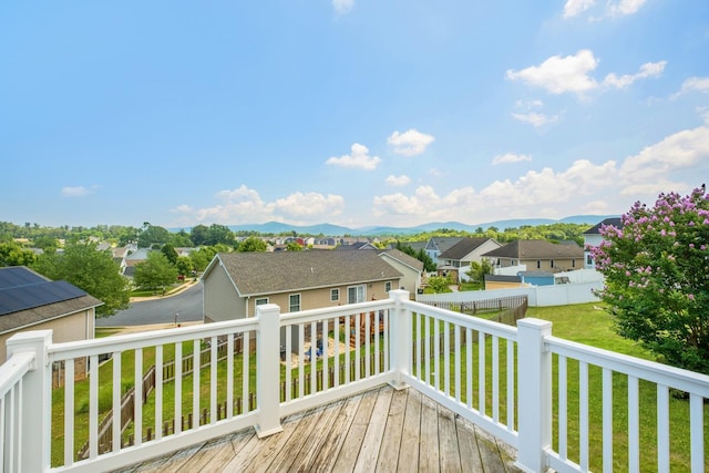 233 Overview St, Waynesboro, VA 22980 - wooden terrace featuring a residential view, a fenced backyard, and a mountain view