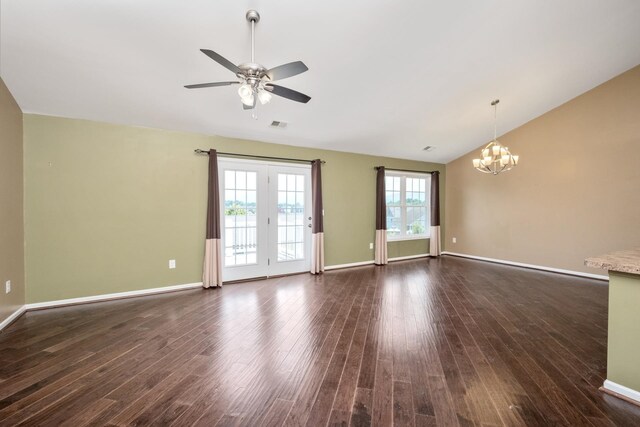 233 Overview St, Waynesboro, VA 22980 - unfurnished living room featuring vaulted ceiling, ceiling fan, a chandelier, and dark wood-style floors