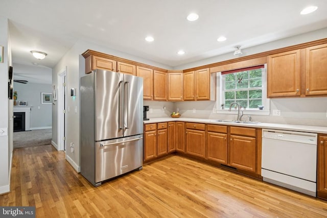 102 Oak Knoll Pl, Bumpass, VA 23024 - kitchen with high end fridge, dishwasher, light wood-type flooring, light countertops, and recessed lighting