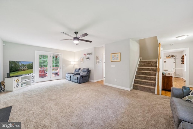 102 Oak Knoll Pl, Bumpass, VA 23024 - living area featuring a ceiling fan, stairs, and carpet
