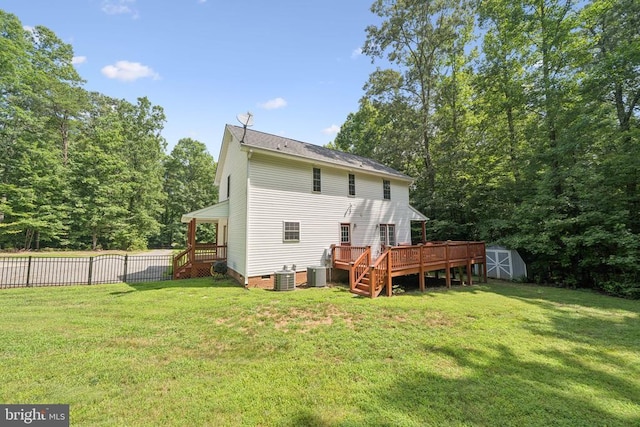 102 Oak Knoll Pl, Bumpass, VA 23024 - rear view of house featuring a shed, a deck, crawl space, and stairs