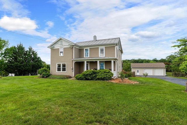 199 Hermitage Rd, Staunton, VA 24401 - traditional home featuring a standing seam roof, an outdoor structure, a chimney, a garage, and metal roof