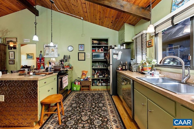 127 Blackrock Cir, Roseland, VA 22967 - kitchen with stainless steel appliances, light wood-type flooring, a wooden ceiling with exposed beams, decorative light fixtures, and green cabinets