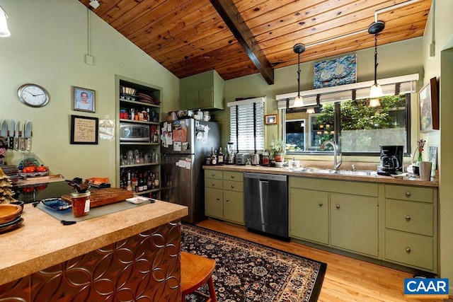 127 Blackrock Cir, Roseland, VA 22967 - kitchen featuring appliances with stainless steel finishes, green cabinetry, light wood-type flooring, wooden ceiling, and decorative light fixtures