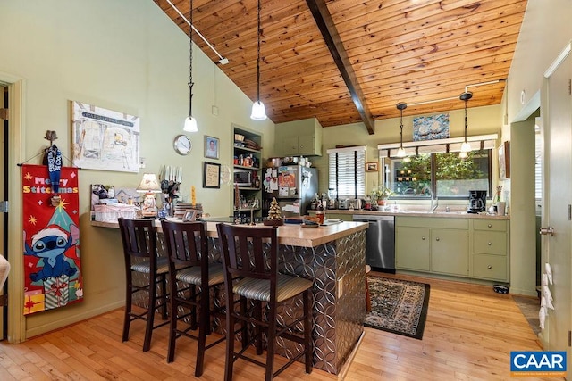 127 Blackrock Cir, Roseland, VA 22967 - kitchen with appliances with stainless steel finishes, green cabinets, light wood-style flooring, a wood ceiling with exposed beams, and a breakfast bar area