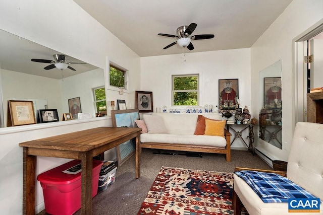 127 Blackrock Cir, Roseland, VA 22967 - living area with a ceiling fan, carpet floors, and baseboard heating