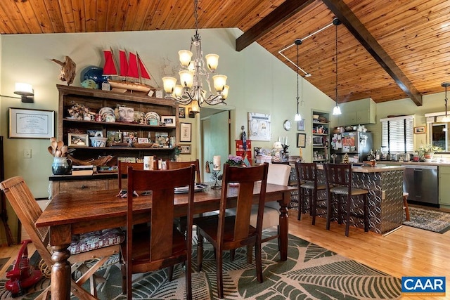 127 Blackrock Cir, Roseland, VA 22967 - dining area with light wood-style flooring, a chandelier, a wooden ceiling with exposed beams, and high vaulted ceiling