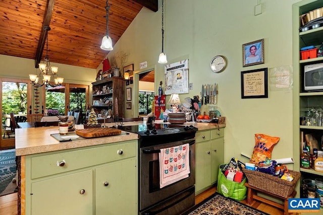 127 Blackrock Cir, Roseland, VA 22967 - kitchen featuring electric range, green cabinets, a chandelier, a wood ceiling with exposed beams, and high vaulted ceiling