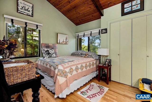 127 Blackrock Cir, Roseland, VA 22967 - bedroom with vaulted ceiling, wooden ceiling, wood finished floors, and a closet