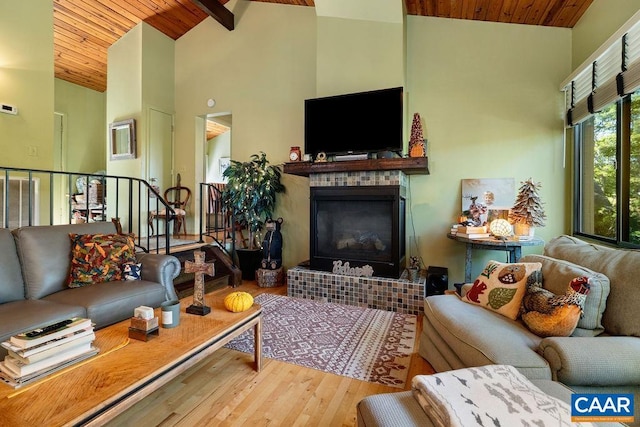 127 Blackrock Cir, Roseland, VA 22967 - living area with a wooden ceiling with exposed beams, high vaulted ceiling, wood finished floors, and a fireplace