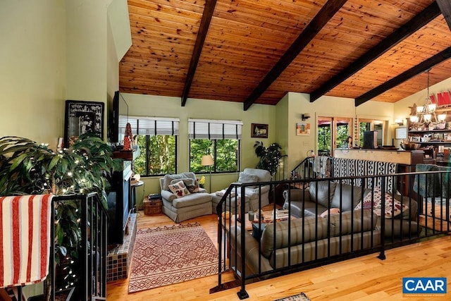 127 Blackrock Cir, Roseland, VA 22967 - living room with wood finished floors, a wooden ceiling with exposed beams, a chandelier, and high vaulted ceiling