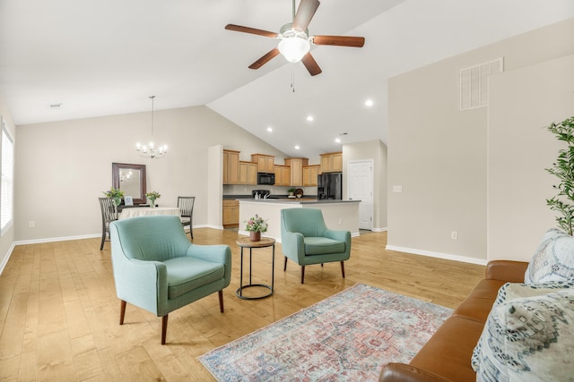 21 Upland Ct, Stuarts Draft, VA 24477 - living room featuring light wood-type flooring, a chandelier, high vaulted ceiling, a ceiling fan, and recessed lighting
