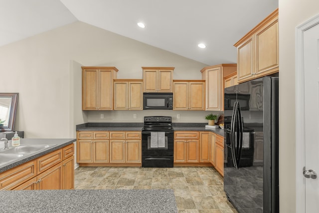 21 Upland Ct, Stuarts Draft, VA 24477 - kitchen with black appliances, vaulted ceiling, dark countertops, recessed lighting, and light brown cabinetry