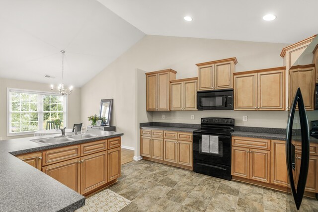 21 Upland Ct, Stuarts Draft, VA 24477 - kitchen featuring black appliances, dark countertops, a chandelier, decorative light fixtures, and high vaulted ceiling