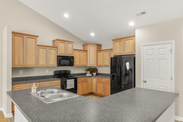 21 Upland Ct, Stuarts Draft, VA 24477 - kitchen with black appliances, dark countertops, vaulted ceiling, recessed lighting, and a kitchen island with sink