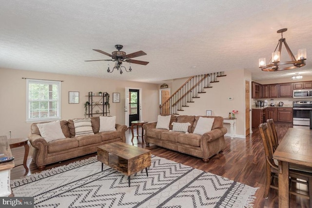 159 Park View Ln, Shenandoah, VA 22849 - living area with a chandelier, dark wood-style floors, a textured ceiling, stairs, and ceiling fan