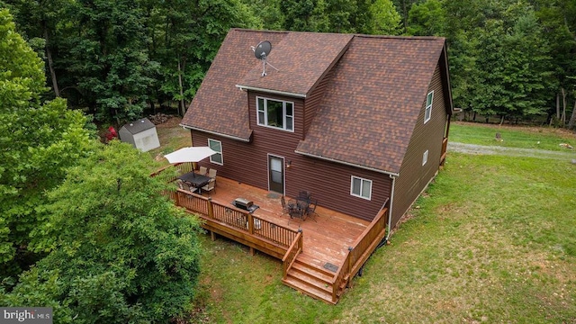 159 Park View Ln, Shenandoah, VA 22849 - rear view of house with outdoor dining space, roof with shingles, a wooden deck, and a yard