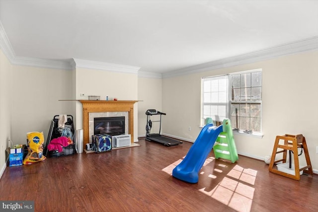 1745 Finley Dr, Culpeper, VA 22701 - recreation room with ornamental molding, wood finished floors, and a fireplace