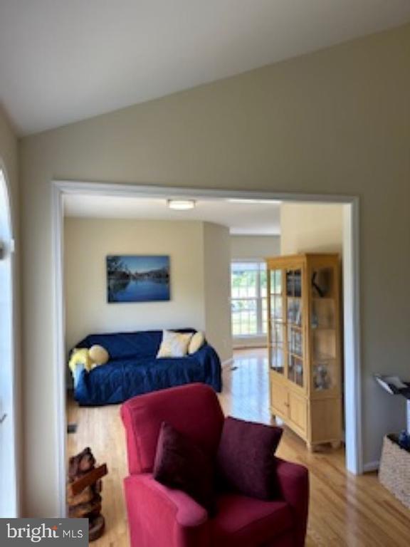 living room featuring lofted ceiling and wood-type flooring