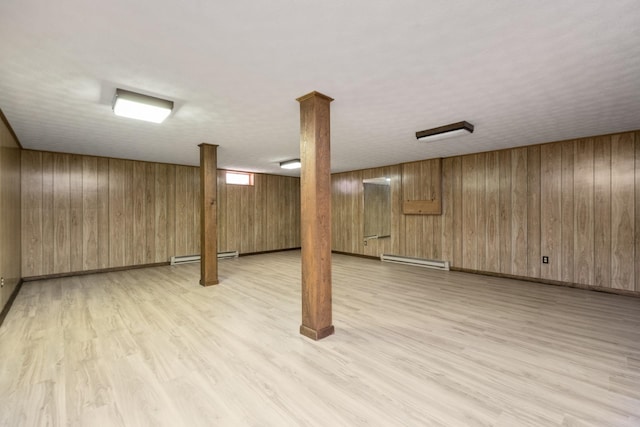 2822 Plantation Ln, Waynesboro, VA 22980 - basement with a baseboard radiator, light wood-style flooring, wooden walls, and baseboards