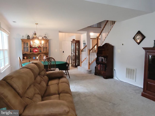 11611 Hampshire Ct, Fredericksburg, VA 22407 - living area featuring a chandelier, light colored carpet, and stairway