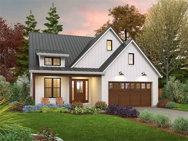 141 Birdsong Ln, Buena Vista, VA 24416 - modern inspired farmhouse with board and batten siding, a standing seam roof, metal roof, concrete driveway, and a front yard