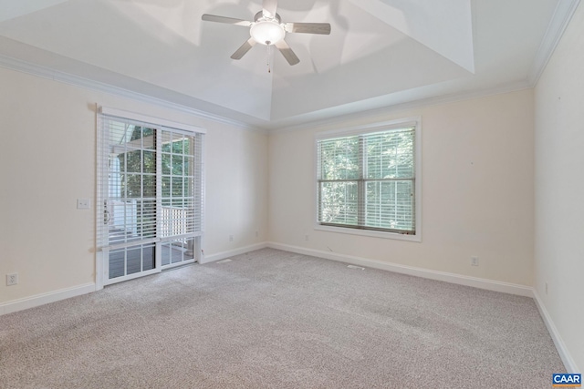 75 Cottage Ct, Zion Crossroads, VA 22942 - carpeted spare room featuring a tray ceiling, plenty of natural light, crown molding, ceiling fan, and baseboards